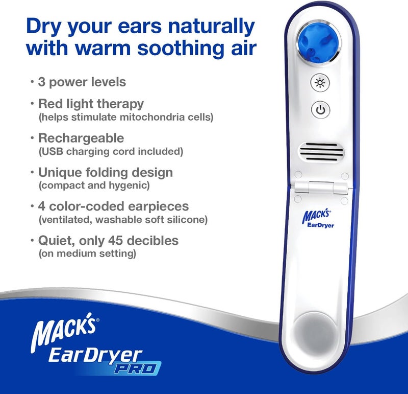 Macks Ear Dryer PRO Rechargeable Warm Air Ear Water Drying Aid with Red Light Therapy and 3 Power Levels for Swimmers' Ears, Showering, Water Sports, Surfing, Scuba, and Hearing Aids - Image 2